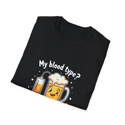 Black folded funny beer t-shirt with cartoon beer mug IV drip and 'My blood type?' print. Ripper gift for beer lovers.