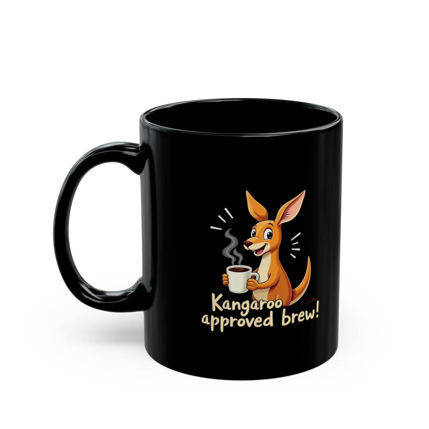Black ceramic coffee mug with cartoon kangaroo holding a steaming cup, text reads Kangaroo approved brew!