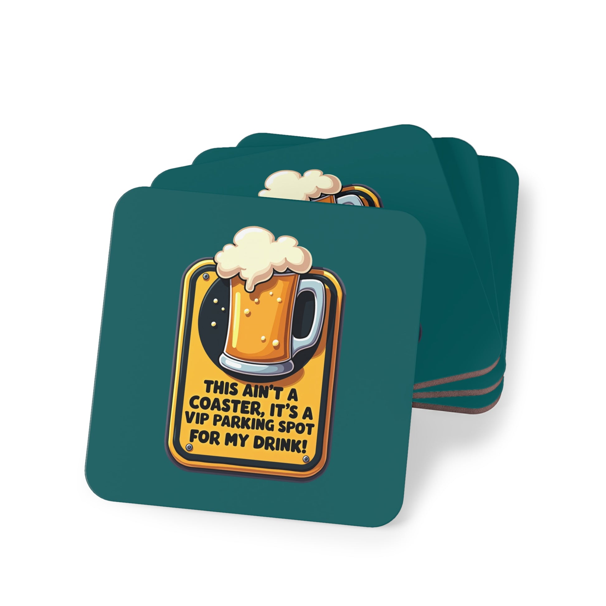 Teal square cork-backed coasters with beer mug graphic and "VIP Parking Spot for My Drink" funny text, set of four