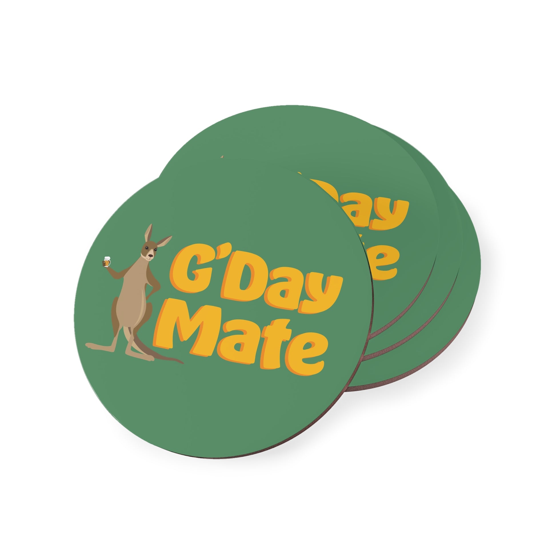 G'Day Mate Coasters, round green cork-backed pair with kangaroo holding beer and bold yellow text. Ripper Aussie gift.