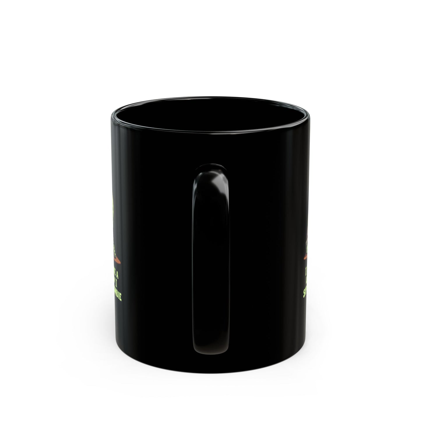 Zombie Black Coffee Mug with green and red graphic print, glossy ceramic, shown from handle side