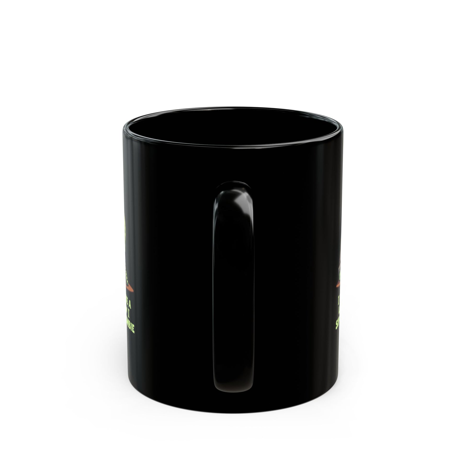 Zombie Black Coffee Mug with green and red graphic print, glossy ceramic, shown from handle side