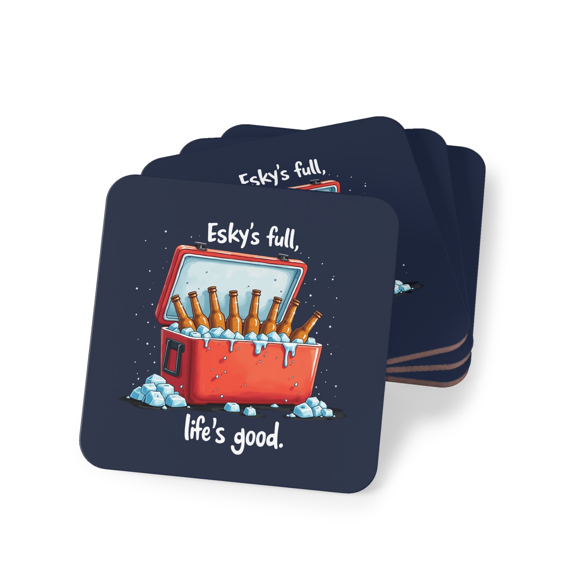 Esky's Full Coasters set of 4, navy blue with red esky and beer bottles illustration, funny Australian gift