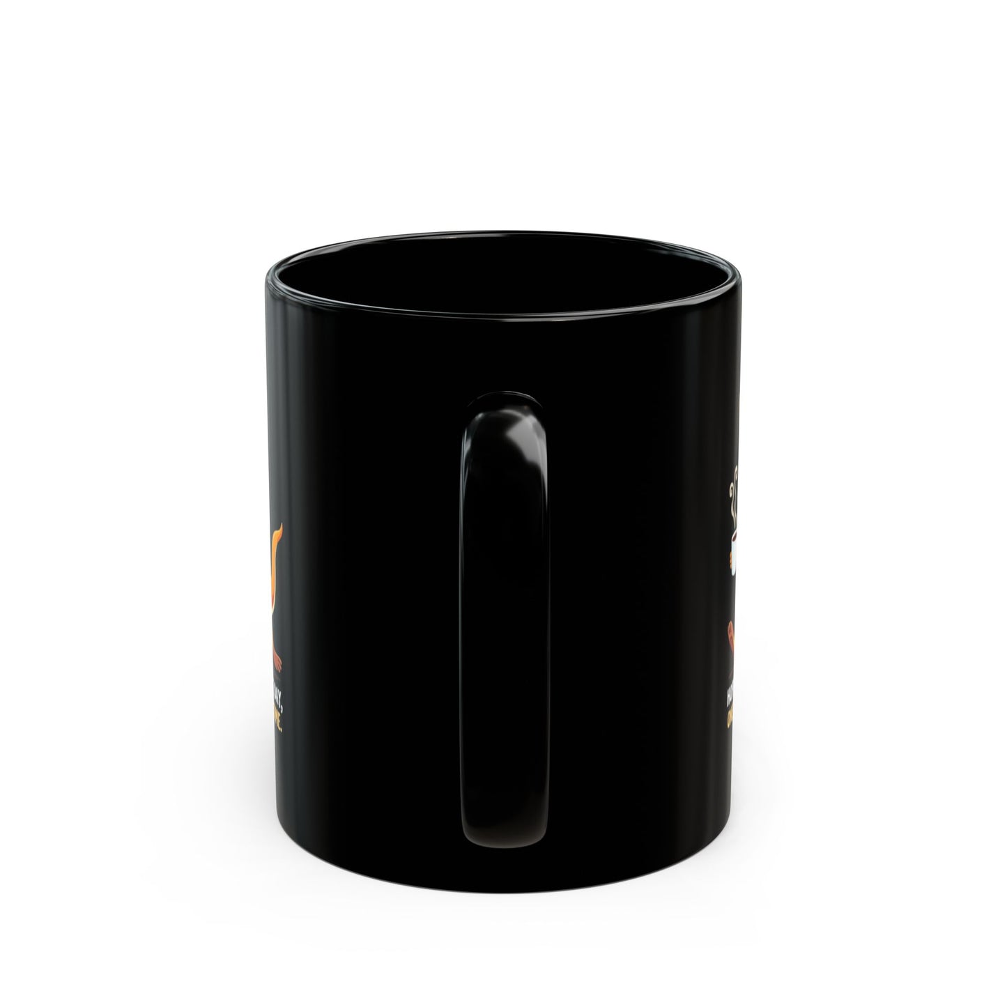 Hopping black ceramic coffee mug with orange graphic design, handle facing back, shown on white background