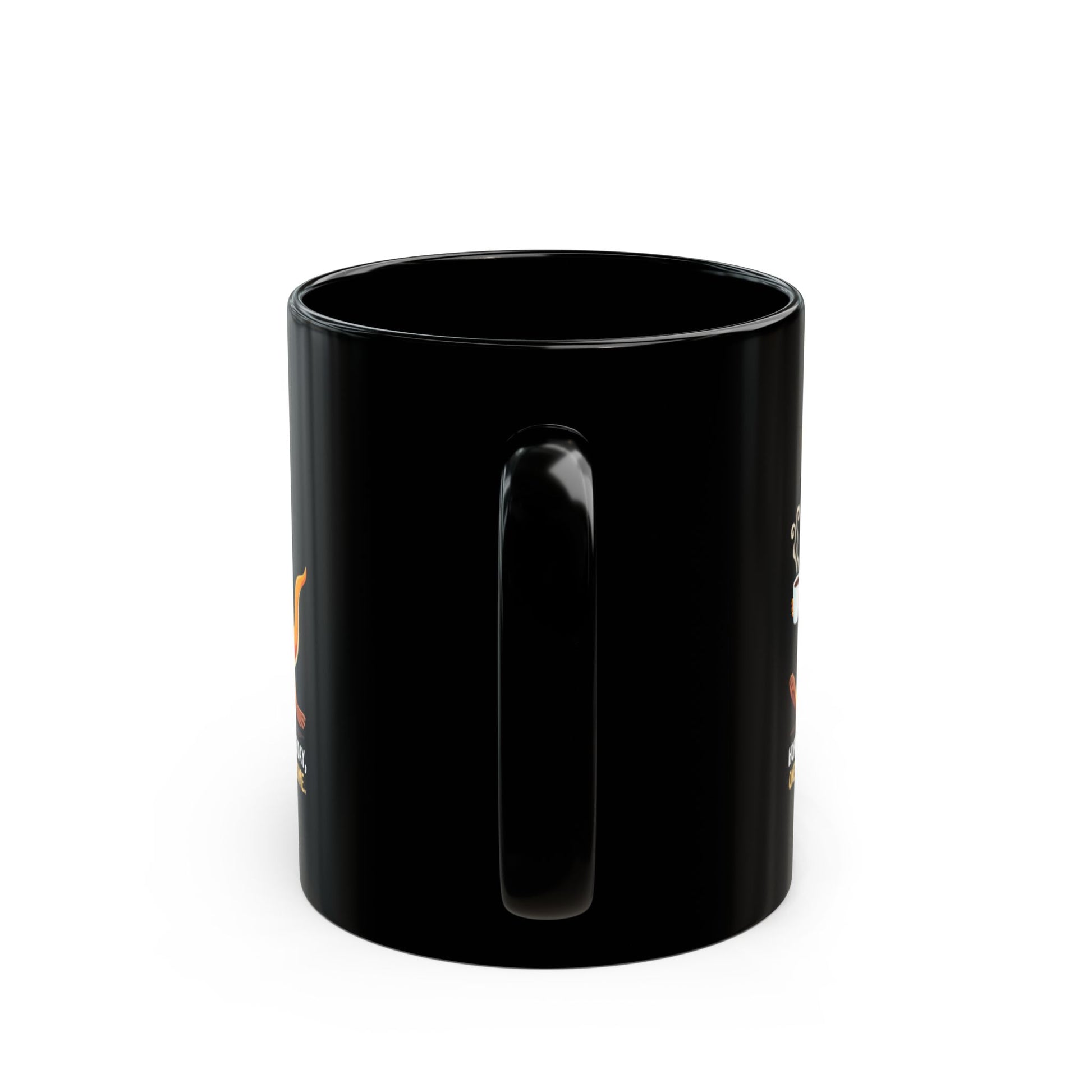 Hopping black ceramic coffee mug with orange graphic design, handle facing back, shown on white background