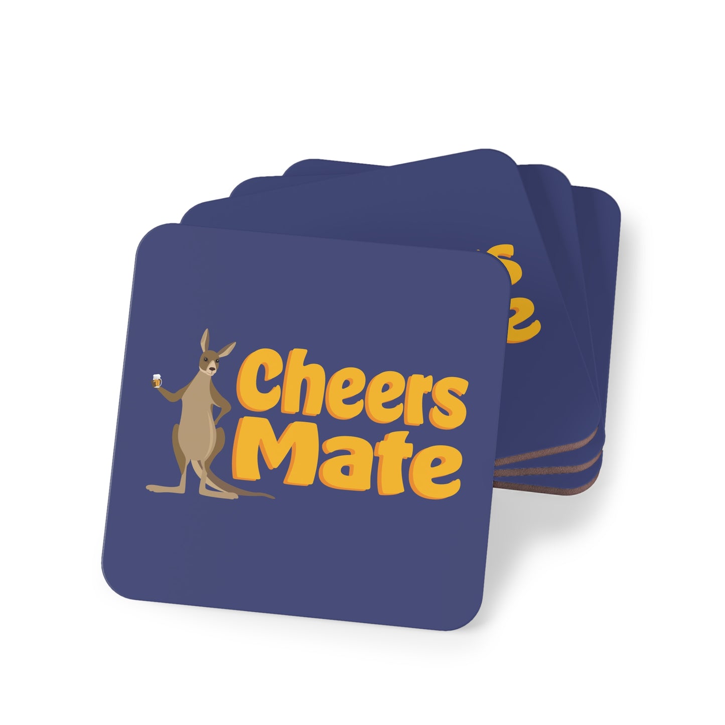 Cheers Mate Coasters set of four, navy blue with gold text and kangaroo holding a beer, cork-backed square design
