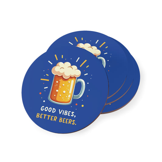 Good Vibes Better Beers round coasters, blue with frothy beer mug illustration, cork-backed, set of two