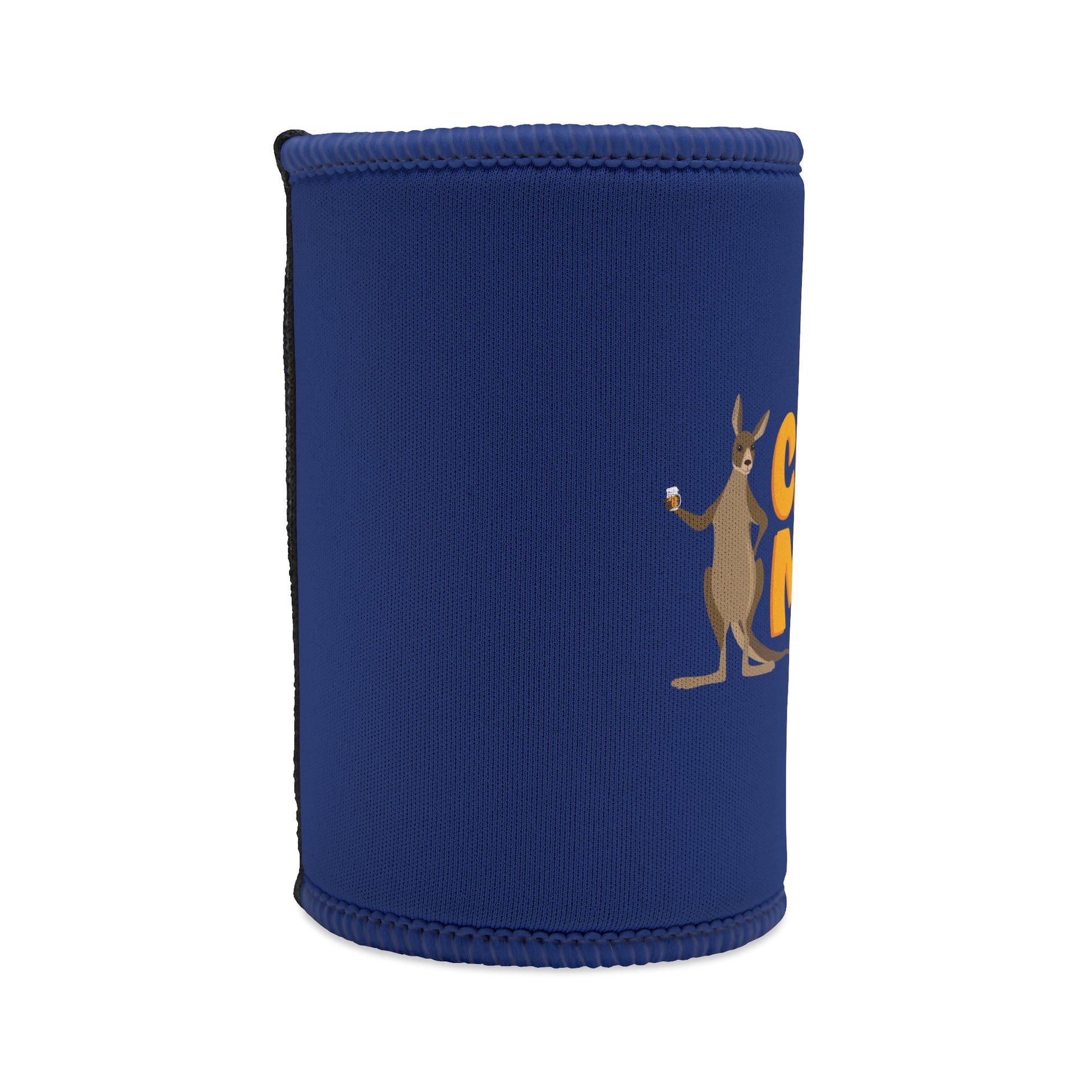 Cheers Mate navy blue stubby cooler with kangaroo holding beer graphic and gold text, funny Aussie gift