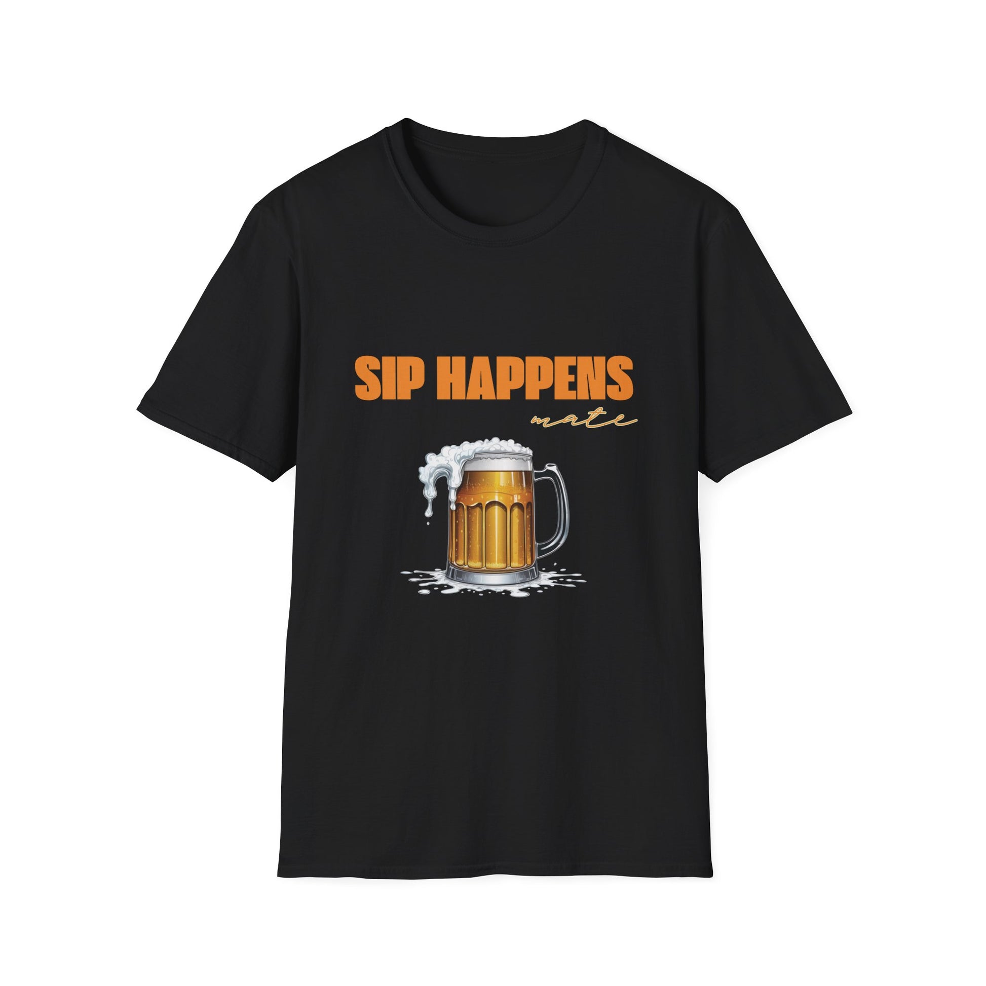 Sip Happens Mate black unisex t-shirt with orange text and overflowing beer mug graphic, funny Aussie gift tee