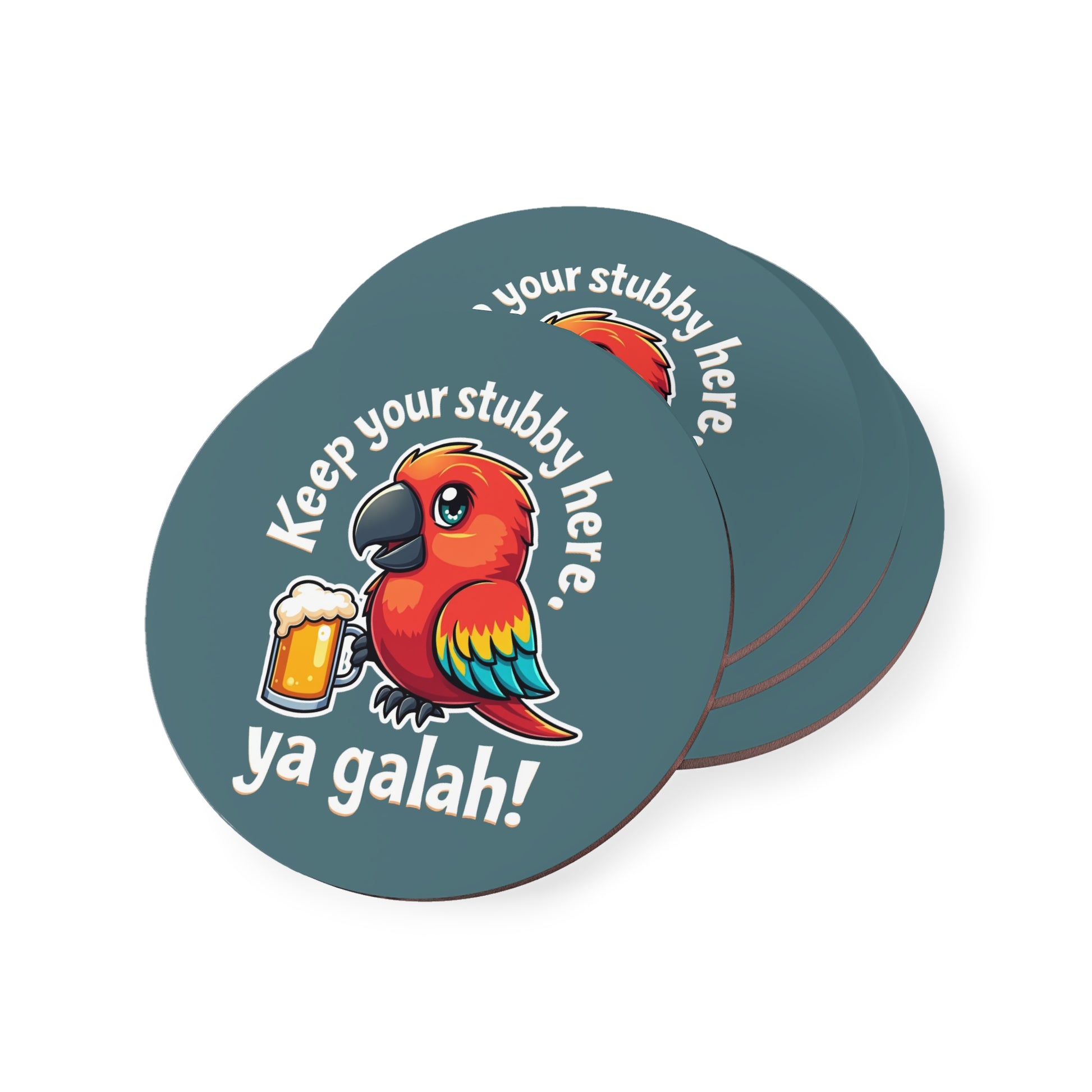 Keep Your Stubby Here ya galah coasters, teal round design with cartoon parrot holding beer mug, cork back