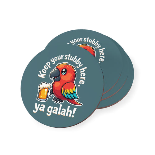 Keep Your Stubby Here ya galah coasters, teal round design with cartoon parrot holding beer mug, cork back