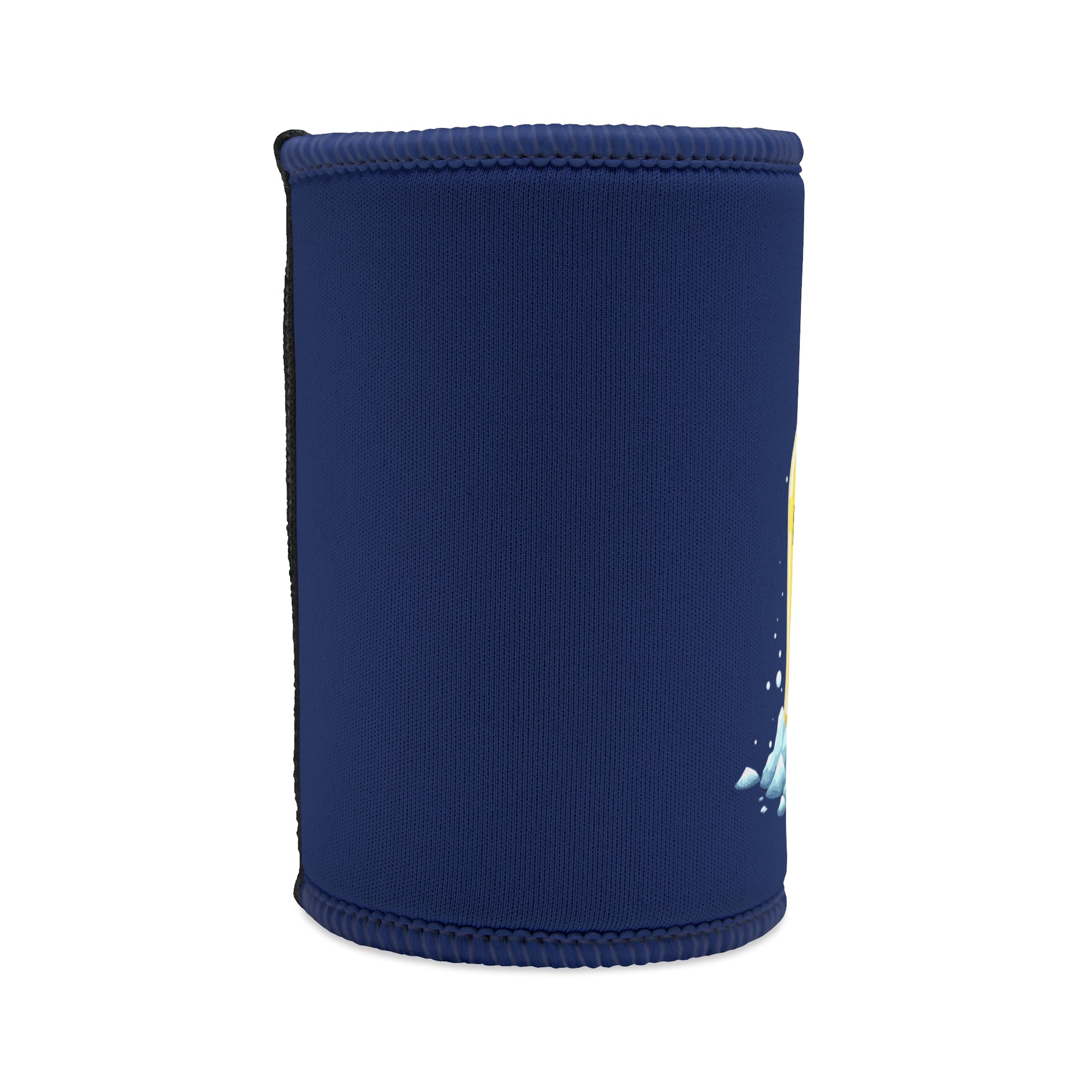 Drink Cold Live Bold Stubby Cooler in navy blue neoprene with yellow and ice graphic detail, back view