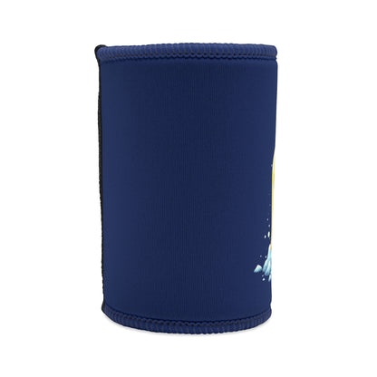 Drink Cold Live Bold Stubby Cooler in navy blue neoprene with yellow and ice graphic detail, back view
