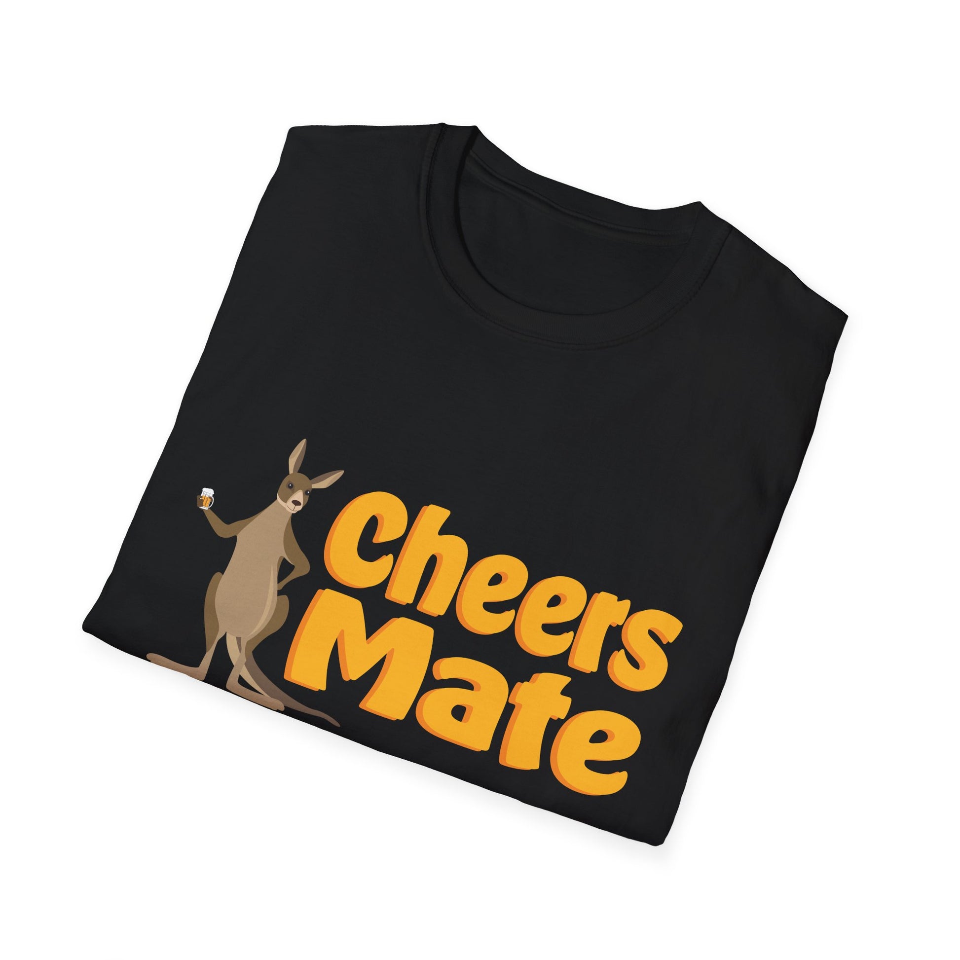 Cheers Mate black unisex t-shirt with kangaroo holding beer graphic and bold orange text, folded flat