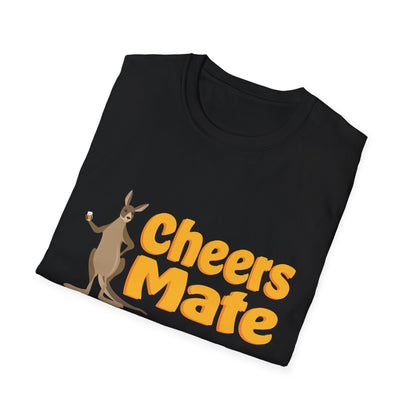 Cheers Mate black unisex t-shirt with kangaroo holding beer graphic and bold orange text, folded flat