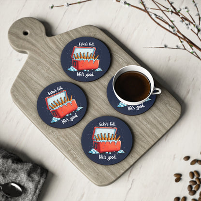 Esky's Full Coasters set of four, navy round coasters with red esky and beer bottles design on timber board