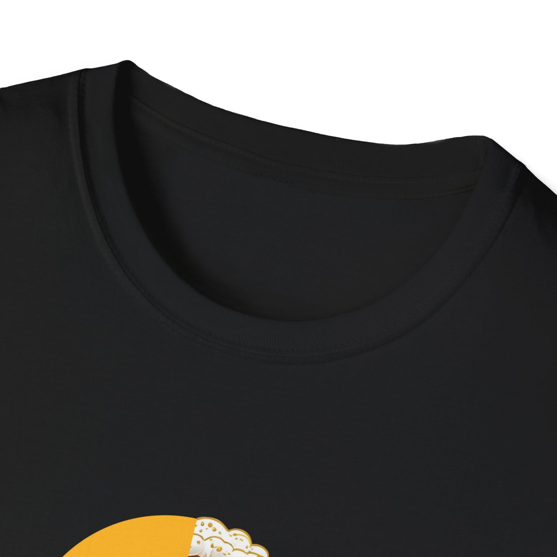 Black Beer O'clock unisex t-shirt with beer graphic on chest, crew neck close-up detail shot