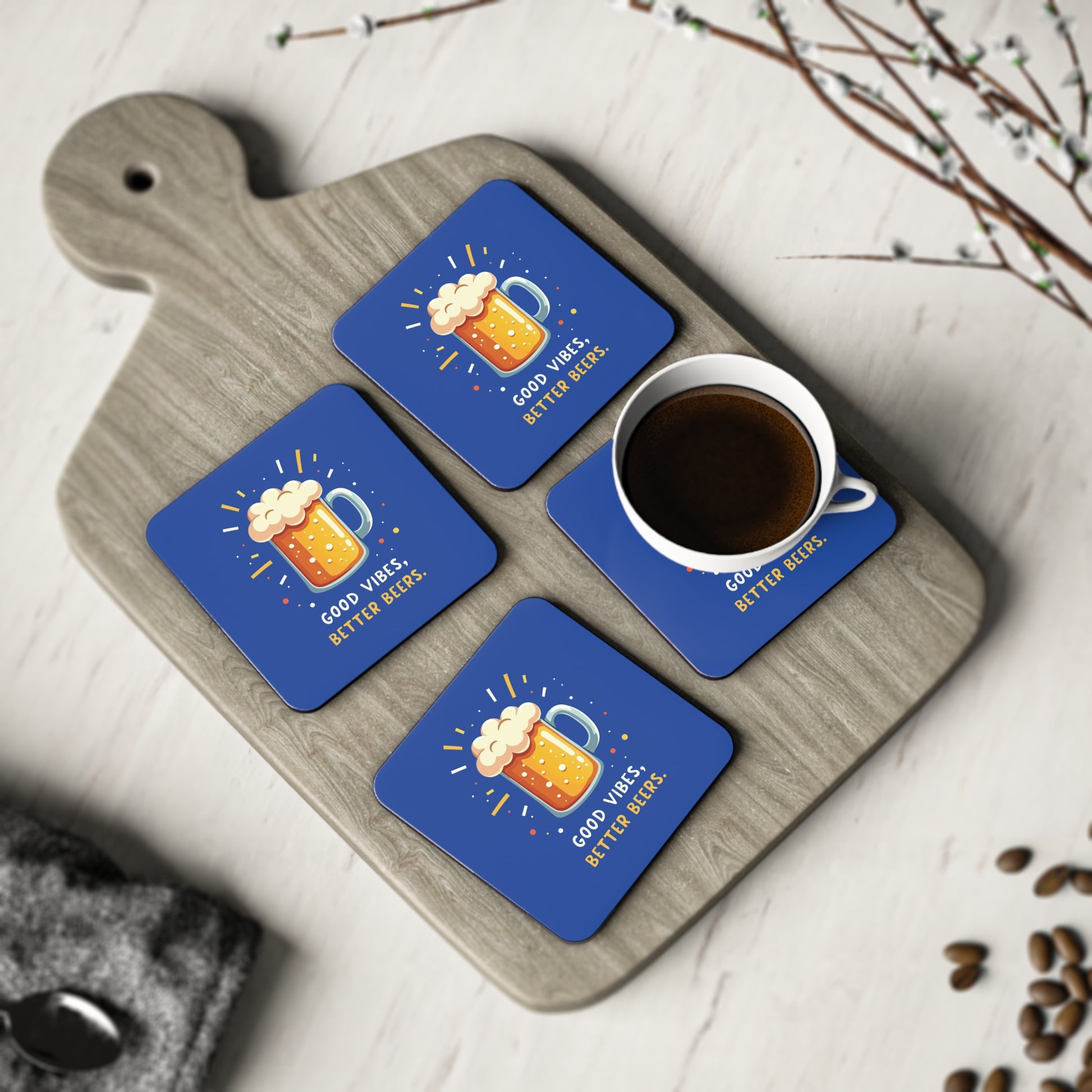 Good Vibes Better Beers coasters, set of 4, blue with frothy beer mug print, styled on timber board with coffee cup