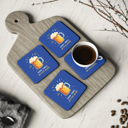 Good Vibes Better Beers coasters, set of 4, blue with frothy beer mug print, styled on timber board with coffee cup
