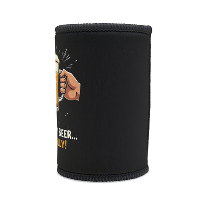 Hold My Beer... Literally stubby cooler, black neoprene with fist clutching beer mug graphic and bold text