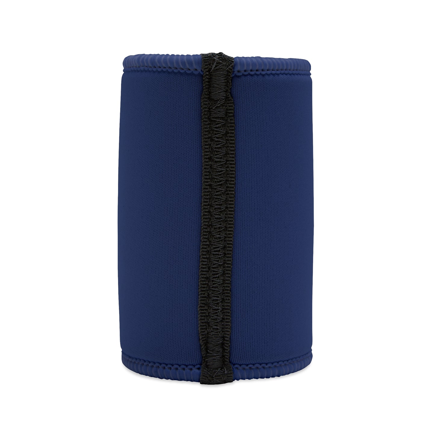 Navy blue neoprene stubby cooler with black velcro seam — Frosty Mates Not Frosty Hands design, back view