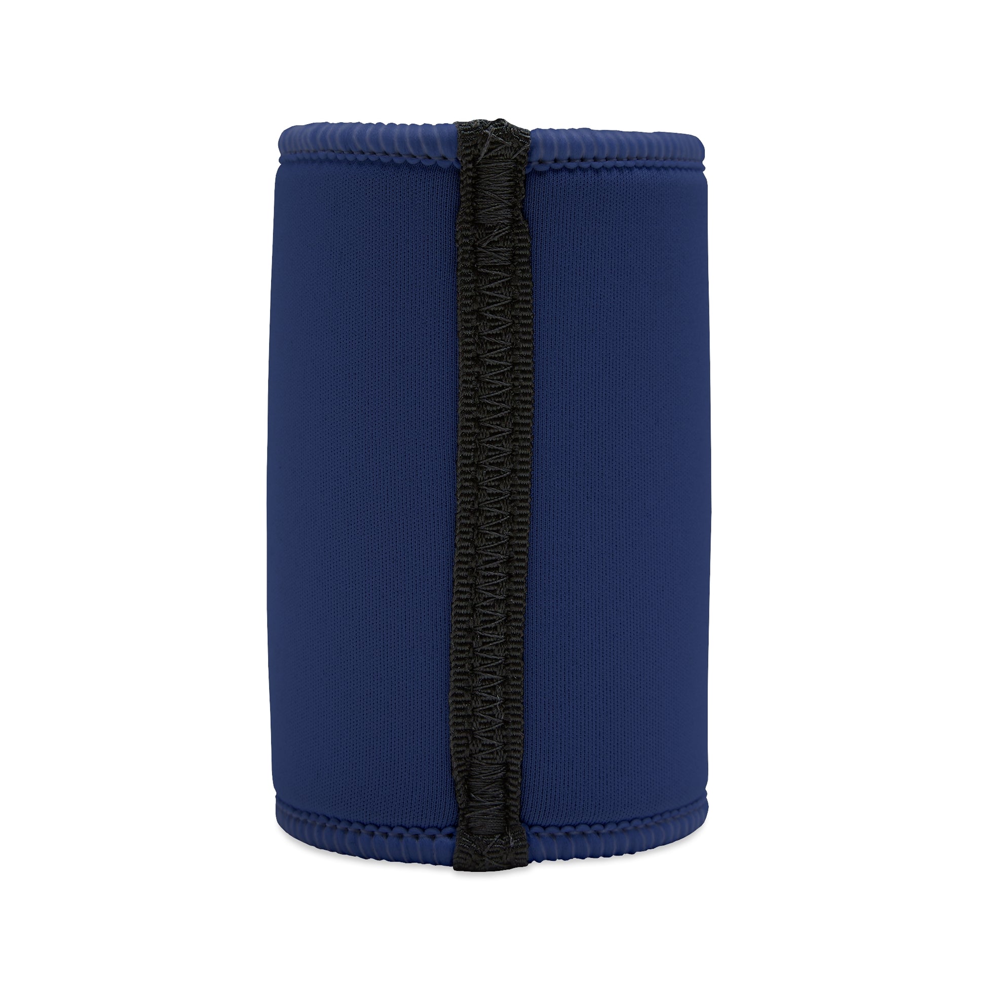 Navy blue neoprene stubby cooler with black velcro seam — Frosty Mates Not Frosty Hands design, back view