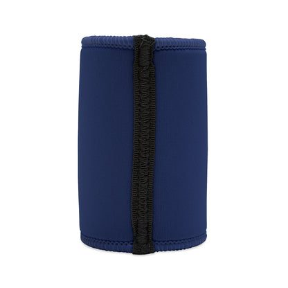 Navy blue neoprene stubby cooler with black velcro seam — Frosty Mates Not Frosty Hands design, back view
