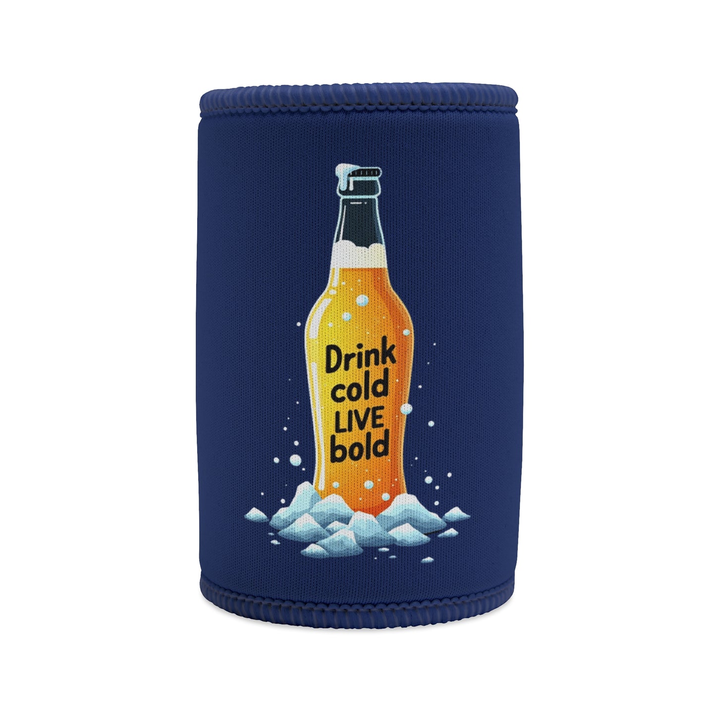 Drink Cold Live Bold Stubby Cooler, navy neoprene with icy beer bottle graphic and bold text print