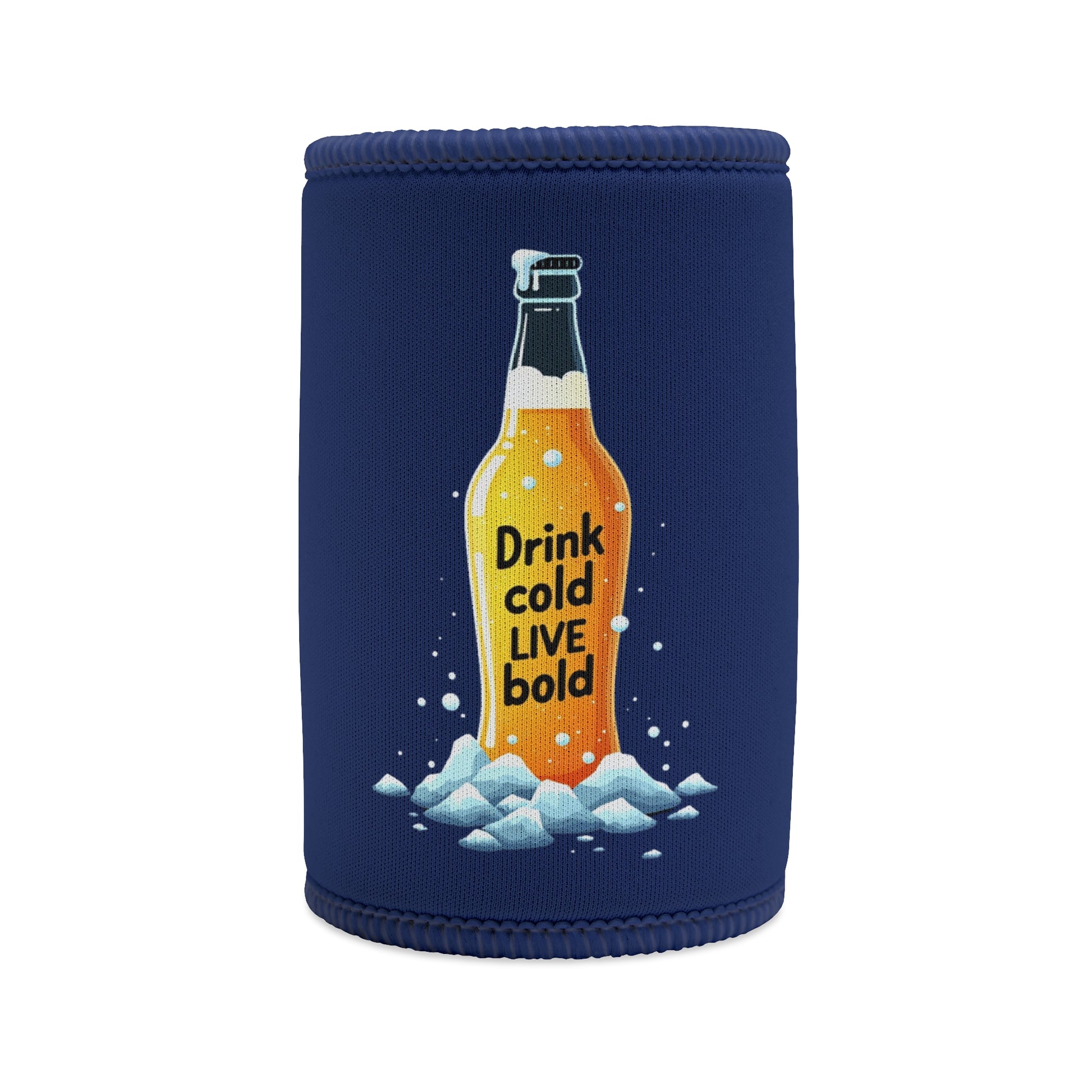 Drink Cold Live Bold Stubby Cooler, navy neoprene with icy beer bottle graphic and bold text print