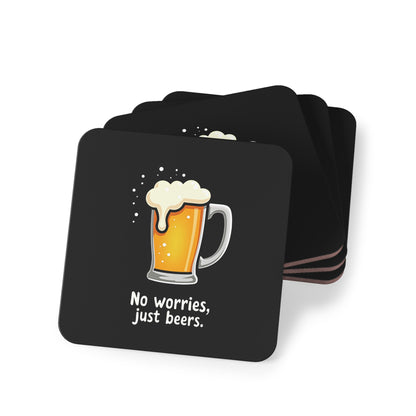 No Worries Coasters set of 4, black square cork-backed with frothy beer mug graphic and 'No worries, just beers.' text