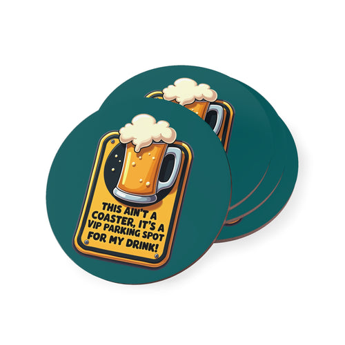 Round teal coasters with beer mug graphic and 'VIP Parking Spot For My Drink' text, funny Aussie gift set of two