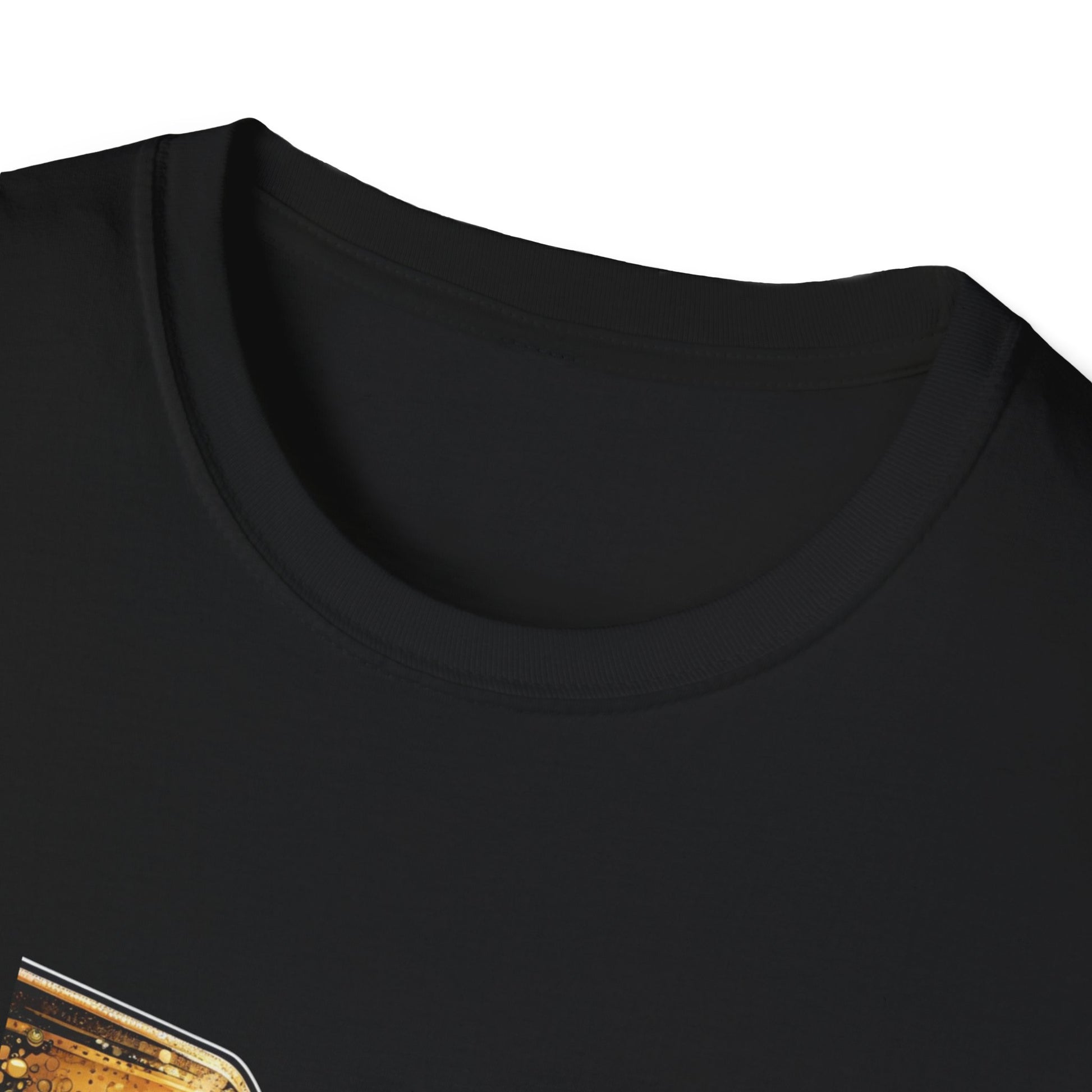 Bottoms Up black unisex t-shirt with beer graphic print, crew neck, close-up of chest and neckline detail