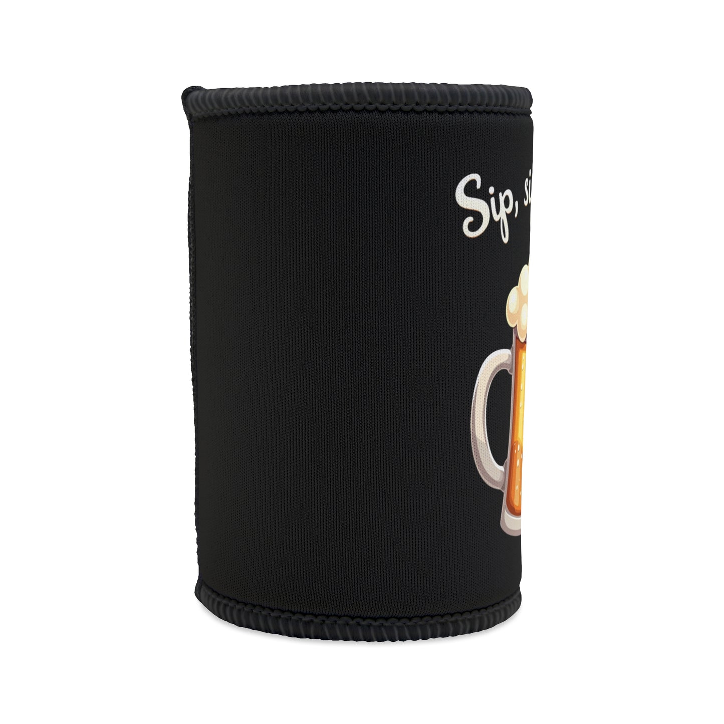 Sip Sip Hooray stubby cooler, black neoprene with beer mug graphic, funny Aussie gift for mates