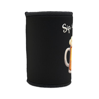 Sip Sip Hooray stubby cooler, black neoprene with beer mug graphic, funny Aussie gift for mates