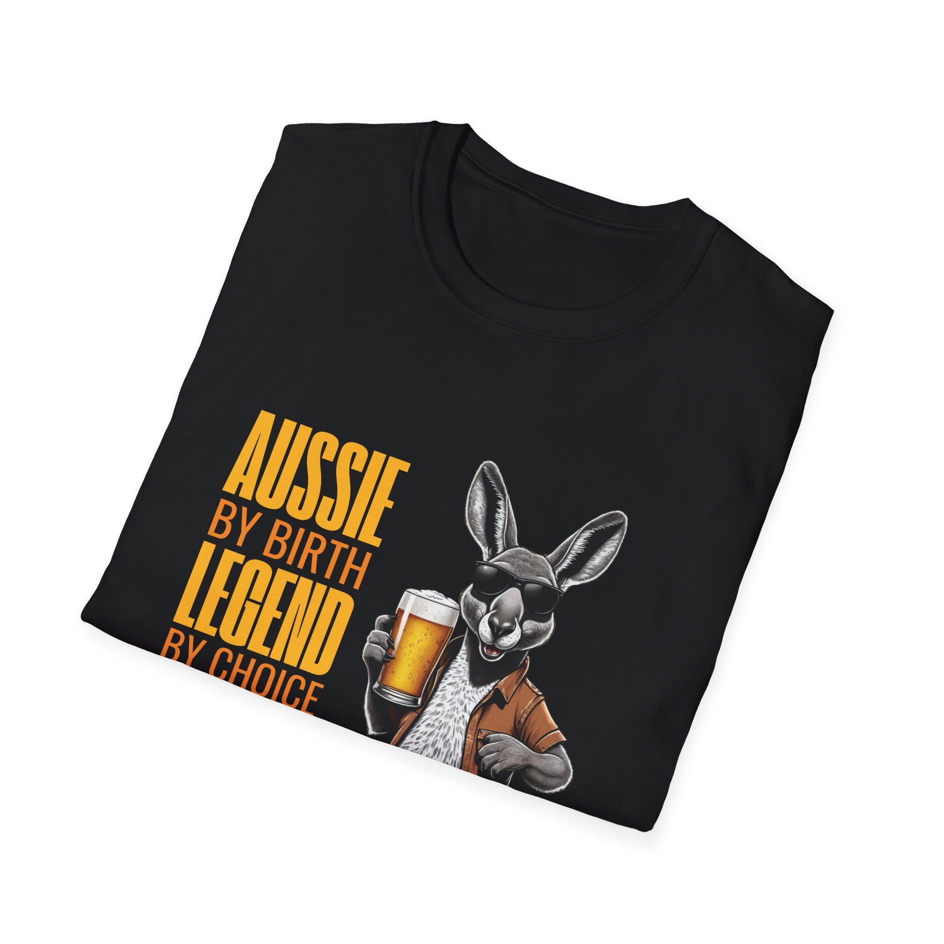 Aussie Legend black unisex t-shirt with kangaroo in sunnies holding a beer and bold gold text