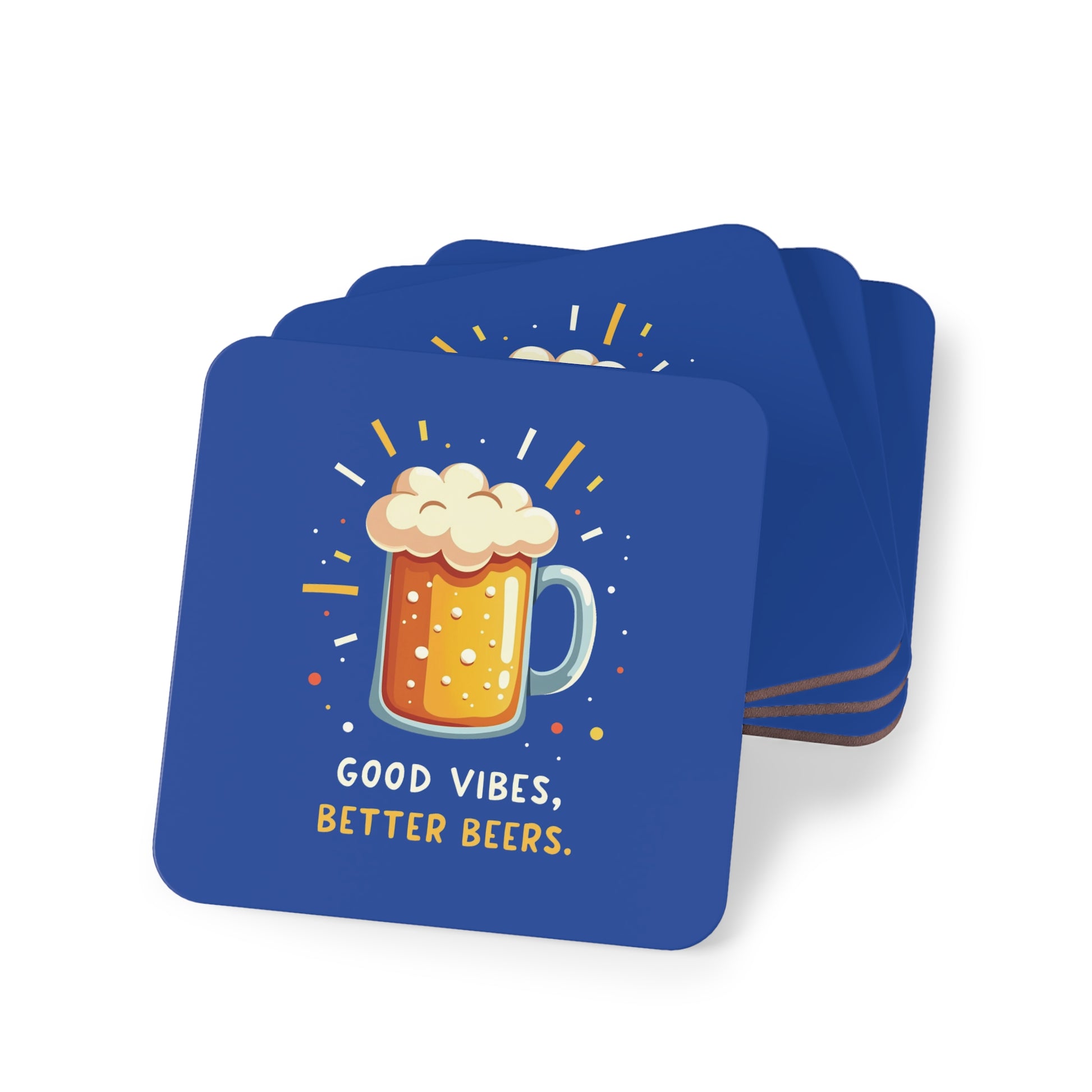 Good Vibes Better Beers coasters, blue cork-backed set of four with frothy beer mug print, funny Aussie gift