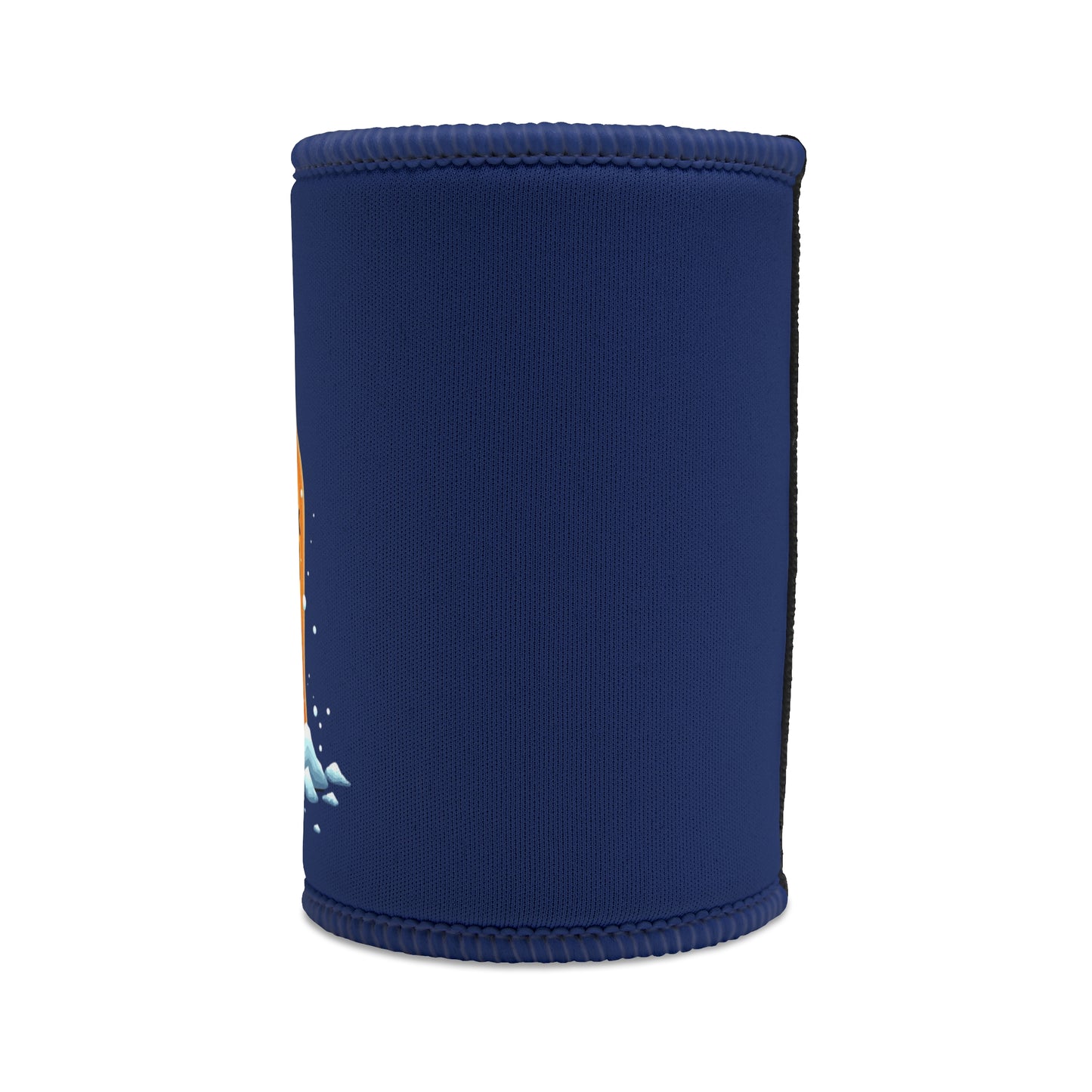 Drink Cold Live Bold Stubby Cooler in navy blue neoprene with orange and icy blue graphic detail