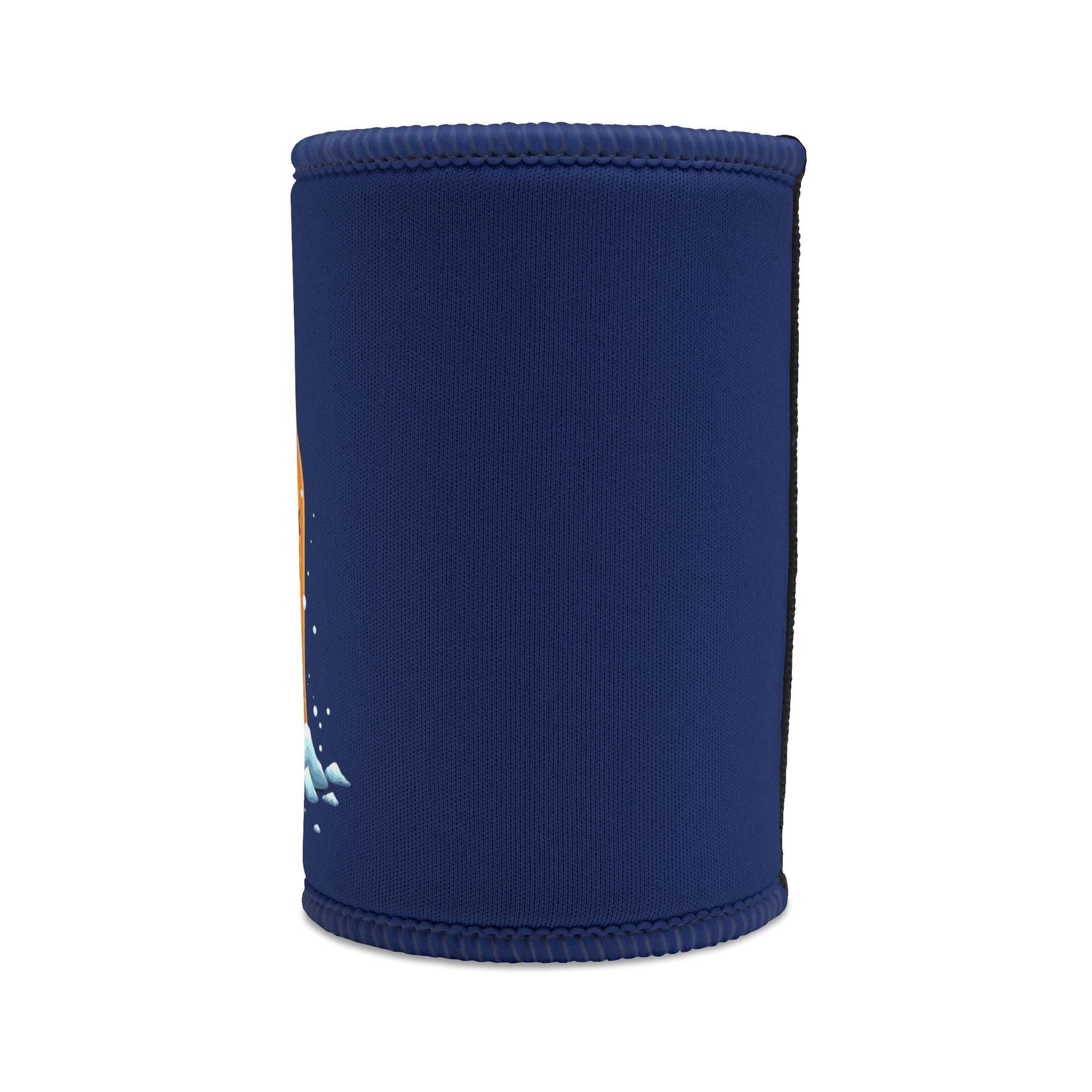 Drink Cold Live Bold Stubby Cooler in navy blue neoprene with orange and icy blue graphic detail