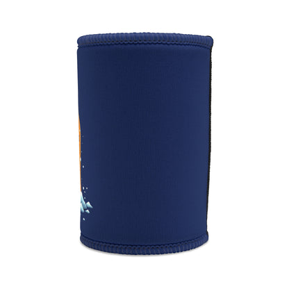 Drink Cold Live Bold Stubby Cooler in navy blue neoprene with orange and icy blue graphic detail