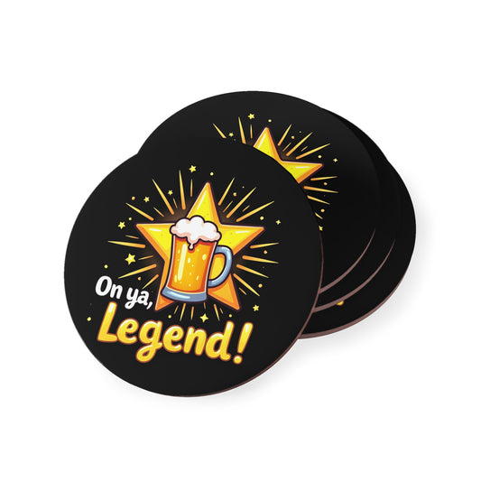 On ya, Legend! coasters, black round set with gold star, beer mug graphic. Funny Aussie gift coasters.