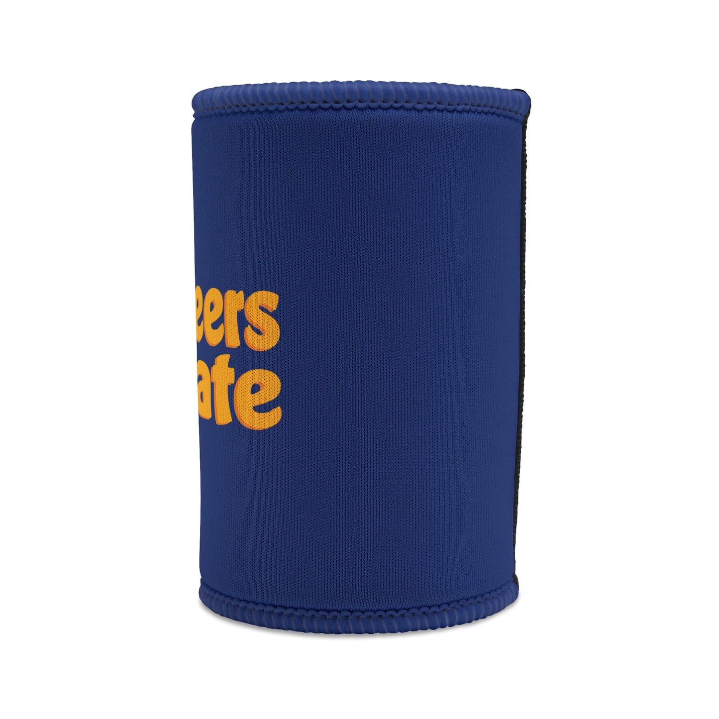 Cheers Mate stubby cooler in royal blue neoprene with bold yellow text, funny Aussie gift for mates