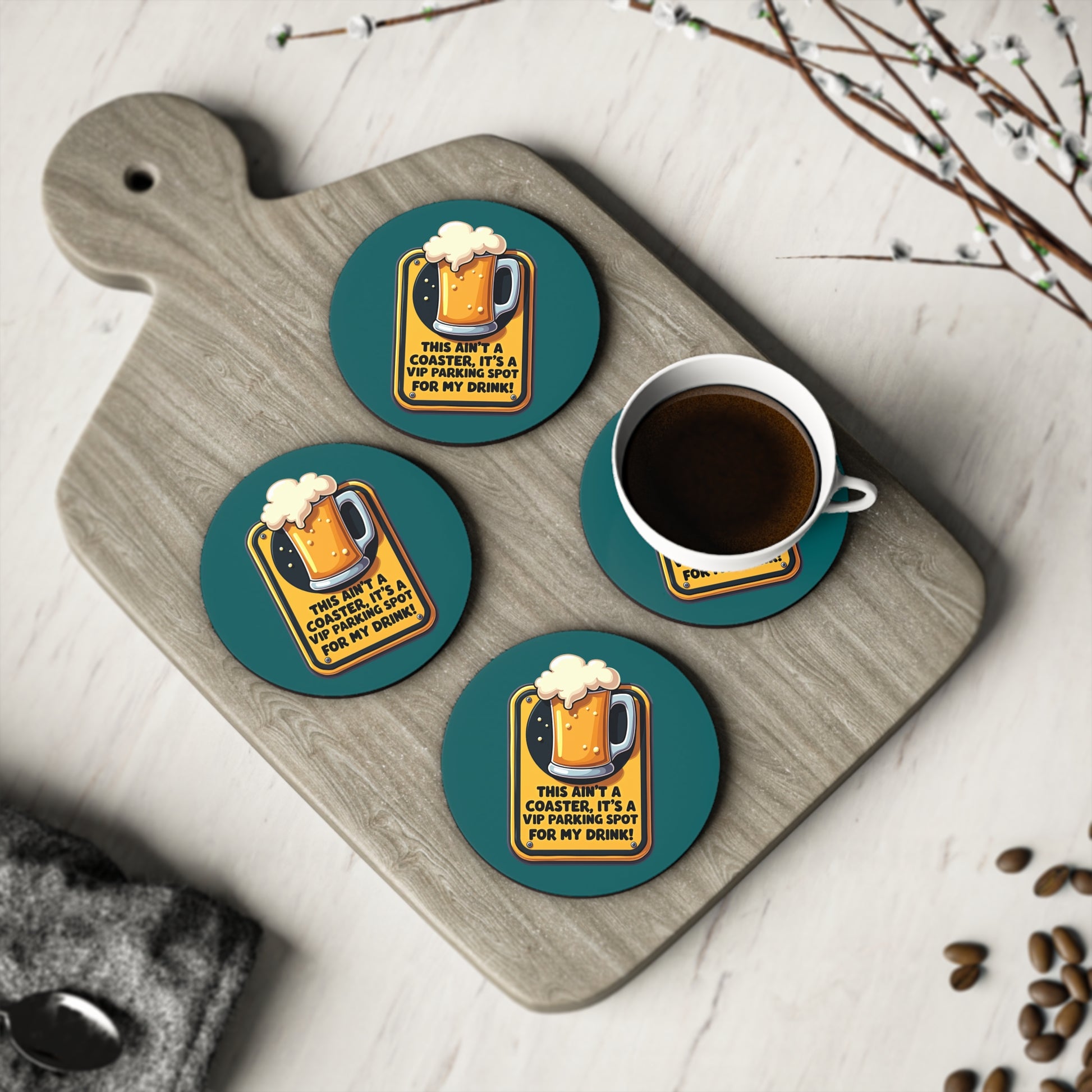 Set of 4 teal round coasters with beer mug VIP parking spot design on wooden board, funny Aussie gift