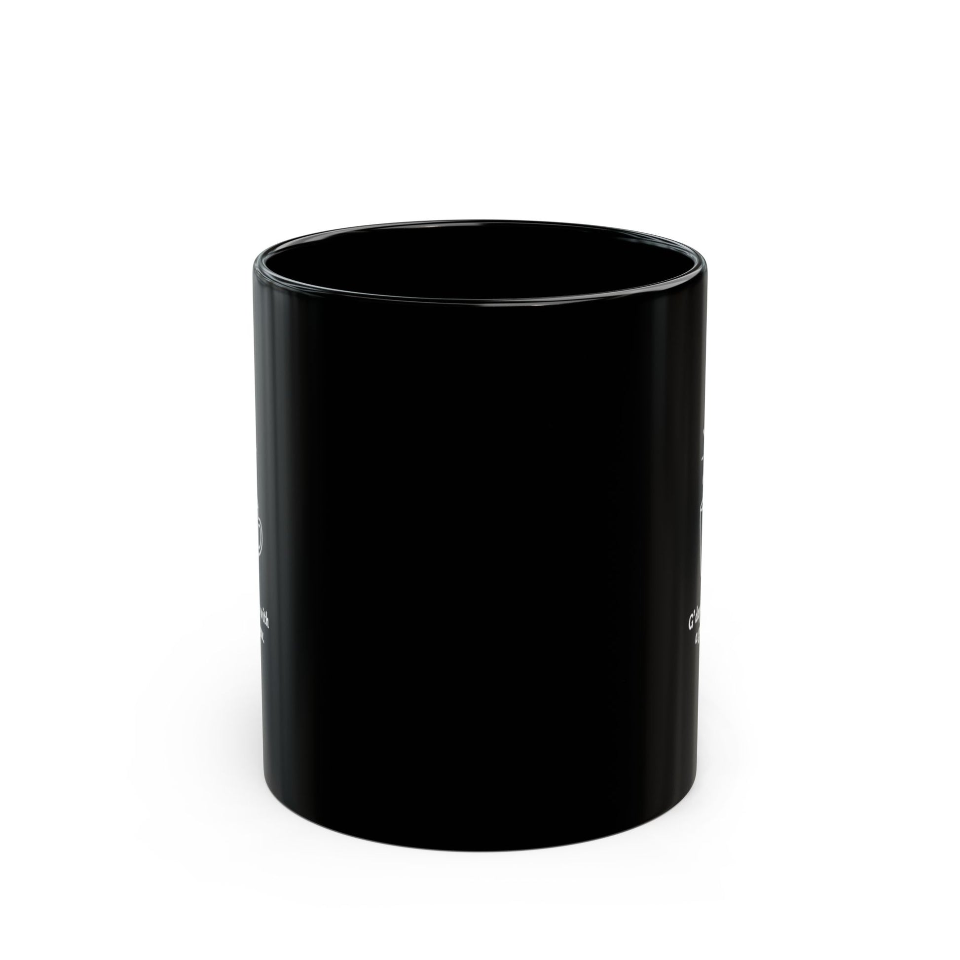 G'Day Mug black ceramic coffee mug with white text print, glossy finish, shown on white background