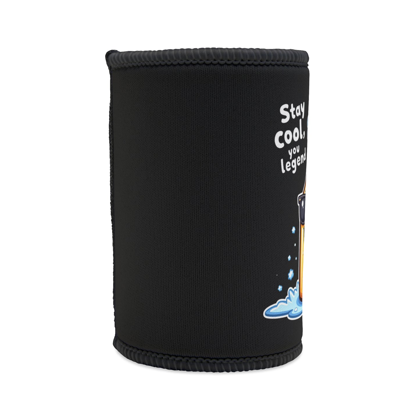 Stay Cool You Legend Stubby Cooler, black neoprene with icy beer graphic and white text, funny Aussie gift