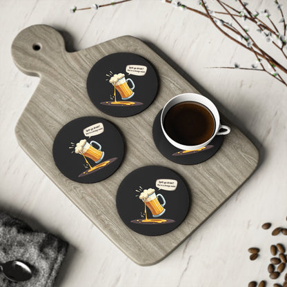 Spill Ya Beer Coasters set of 4, dark round coasters with cartoon spilling beer mug and funny Aussie text on timber board