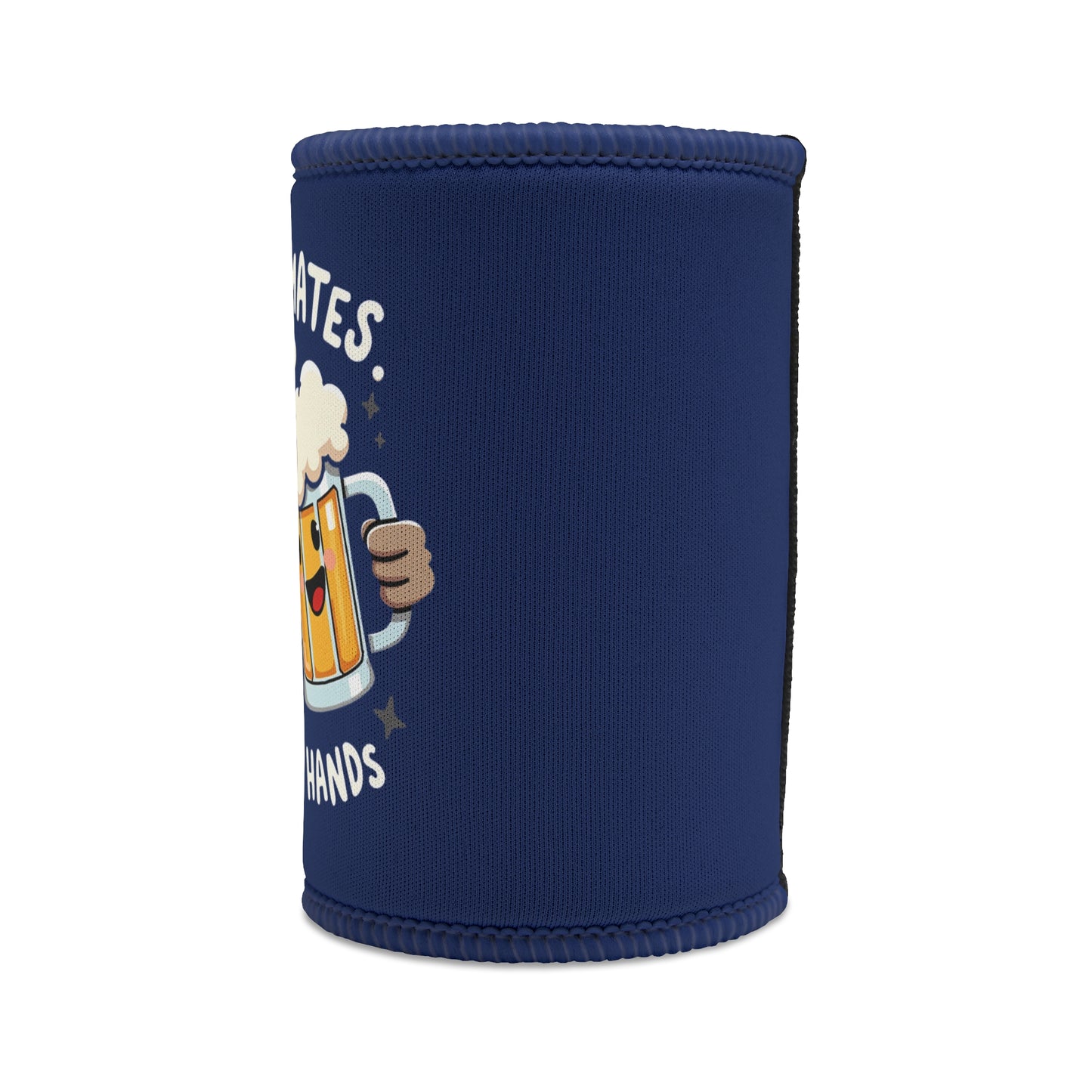 Frosty Mates Not Frosty Hands stubby cooler in navy neoprene with cartoon beer mug print