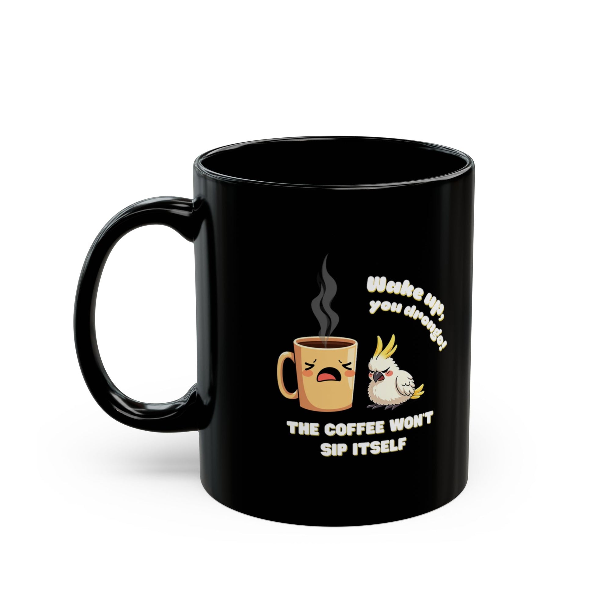 Black coffee mug with cockatoo cartoon and 'Wake Up, You Drongo' text. Funny Aussie gift mug, 11oz.