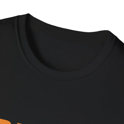 Sip Happens Mate black unisex t-shirt close-up showing ribbed crew neck and orange graphic detail