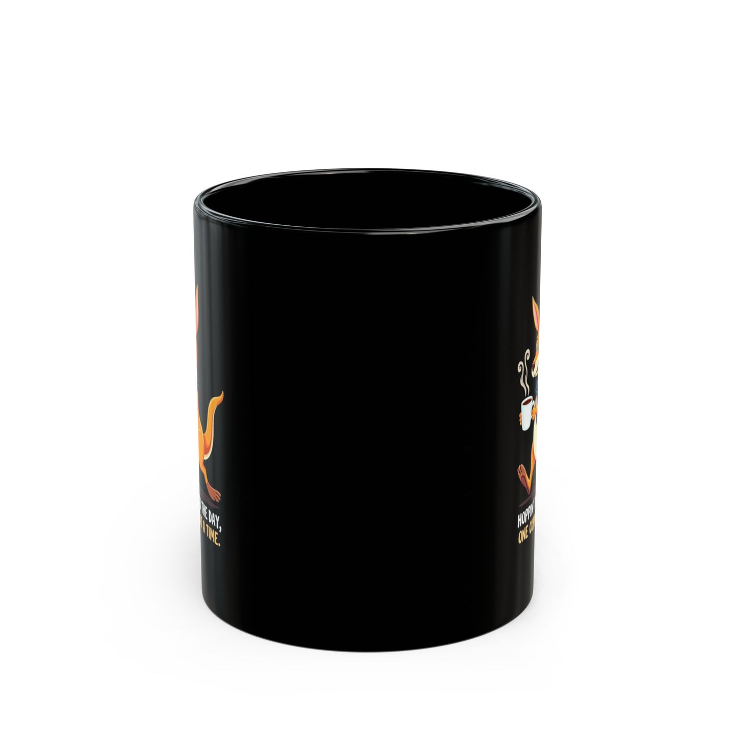 Black coffee mug with kangaroo holding steaming cup, 'Hoppin Through the Day One Cup at a Time' print