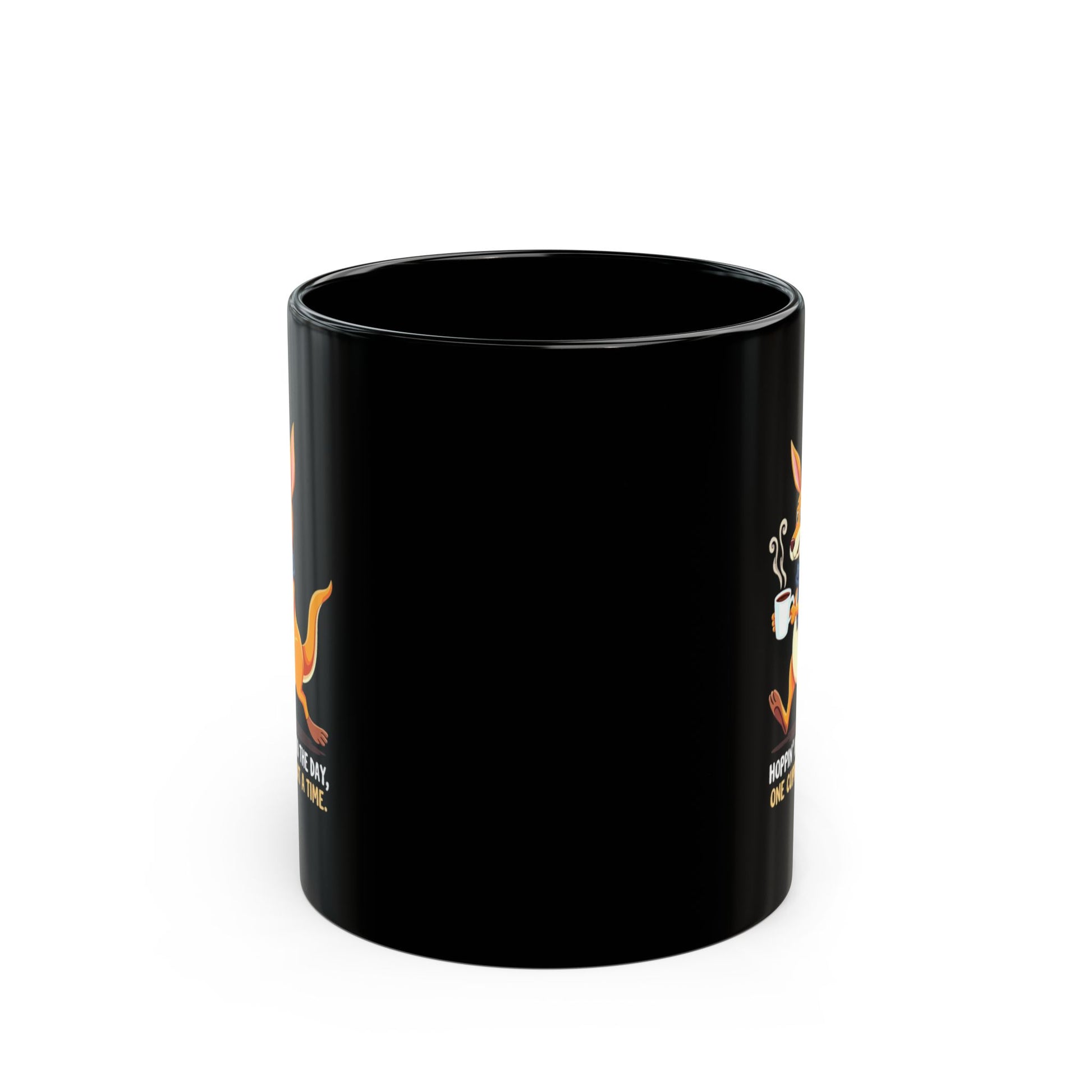 Black coffee mug with kangaroo holding steaming cup, 'Hoppin Through the Day One Cup at a Time' print